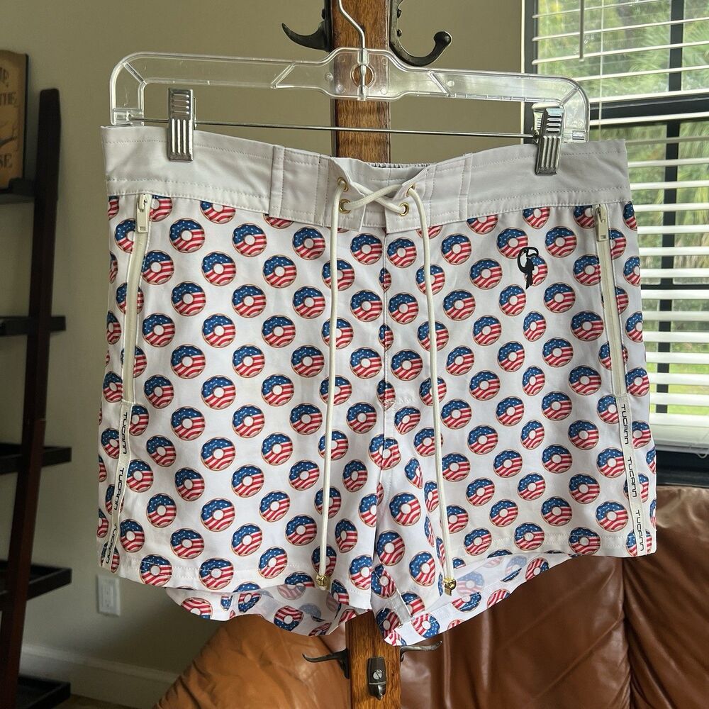 Tucann Men’s Swim Trunks Donut USA Print Light Blue Size M Novelty Board Shorts